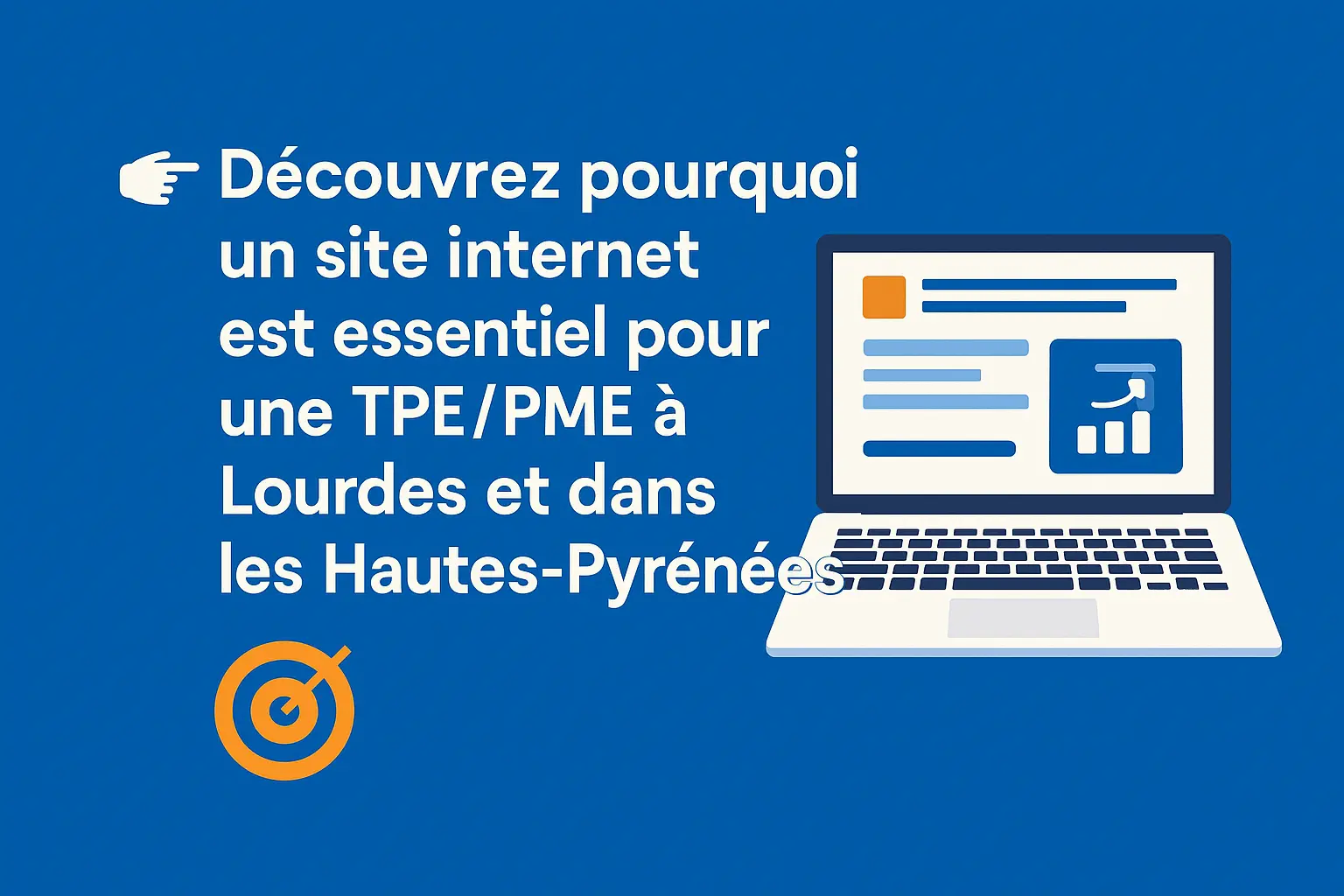 Illustration d’un ordinateur portable avec une cible marketing, symbolisant l’importance d’un site web pour les TPE/PME à Lourdes et dans les Hautes-Pyrénées.